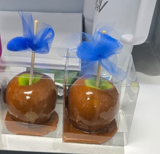 Two glossy caramel apples in clear boxes, tied with blue tulle bows.
